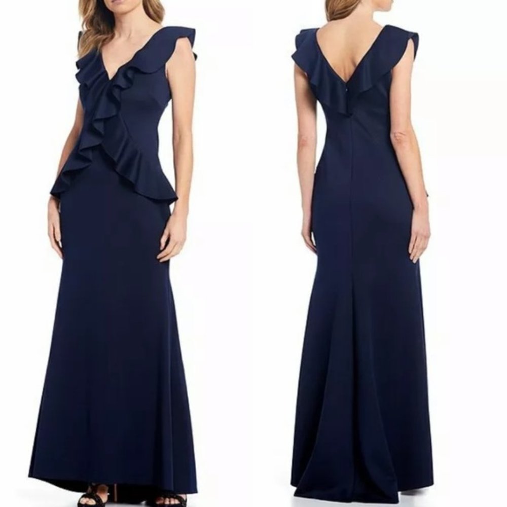 Jessica Howard Navy Blue  V neck Ruffle Bodice formal gown. Size 10